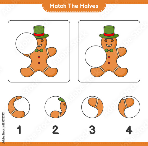 Match the halves. Match halves of Gingerbread Man. Educational children game, printable worksheet, vector illustration