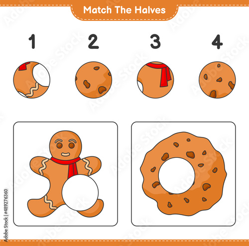 Match the halves. Match halves of Gingerbread Man and Cookies. Educational children game, printable worksheet, vector illustration