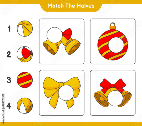 Match the halves. Match halves of Ribbon, Christmas Ball, and Bell. Educational children game, printable worksheet, vector illustration