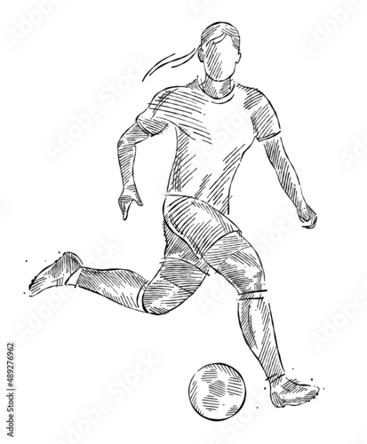 Drawing of female soccer player dominating the ball made from sketch-style brush strokes
