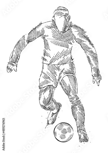 Drawing of man soccer player dominating the ball made from sketch-style brush strokes
