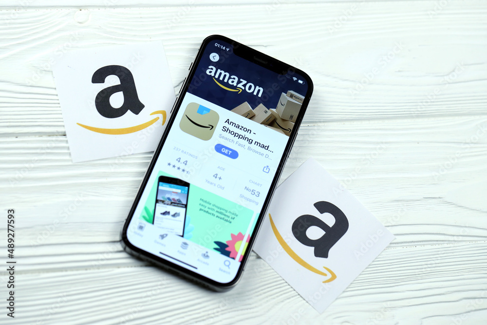 KHARKOV, UKRAINE - MARCH 5, 2021: Amazon icon and application from App store  on iPhone 12 pro display screen on white table Stock Photo | Adobe Stock