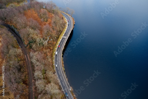 Loch Lomond aerial view showing the A82 road during autumn
