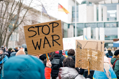 Fototapeta No war, Stop War signs at a demonstration against the invasion of Ukraine