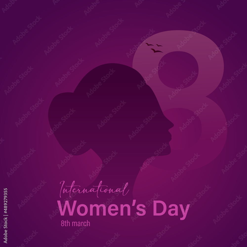 Happy women's day card with Five women of different ethnicities and cultures stand side by side together. Strong and brave girls support each other. Sisterhood and females friendship. Vector