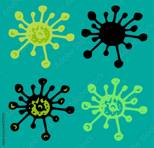 the virus icon is green. A hand-drawn set of round-shaped microbes with a ray-tentacle texture of dots in a flat style. isolated outline and silhouette in black on white for a design template