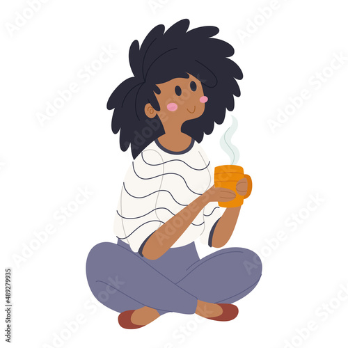 Afro american woman drinking a coffee cup Hygge lifestyle Vector