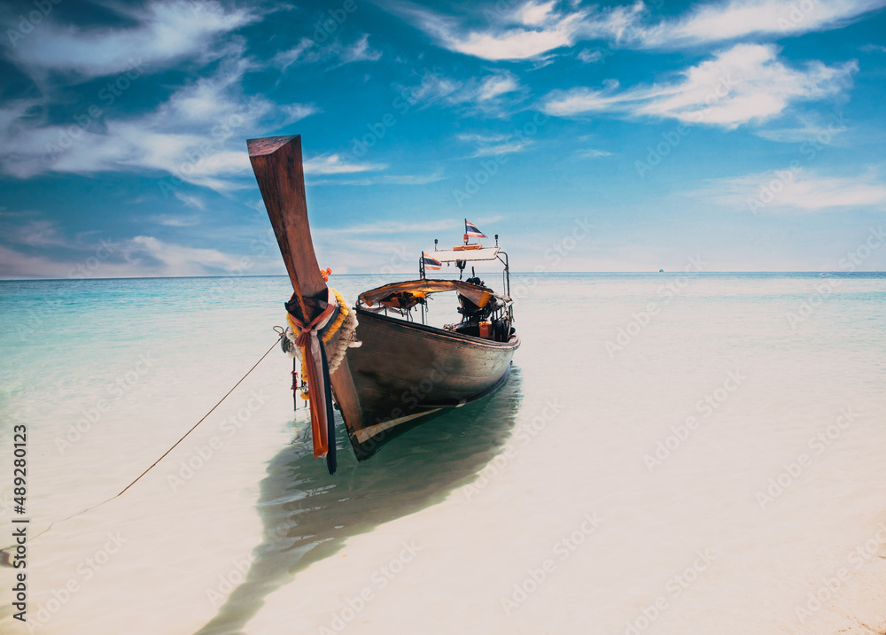thailand ocean landscape. Exotic beach view and traditional ship thailand ocean landscape. Exotic beach view and traditional ship