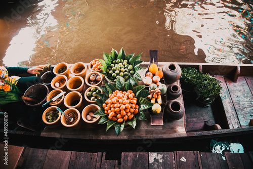 Photography fresh ingredients in a boat at a floating market  Thailand