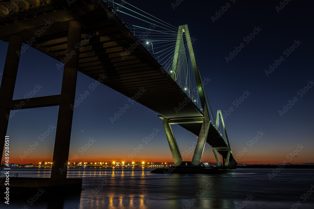 Sunset on The Ravenel Bridge at Mount Pleasant Waterfront Memorial Park, Mount Pleasant, South Carolina, USA Sunset on The Ravenel Bridge at Mount Pleasant Waterfront Memorial Park, Mount Pleasant, South Carolina, USA
