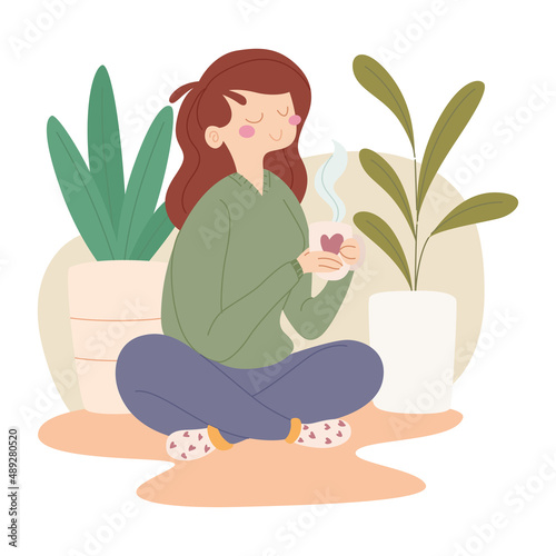 Happy woman having a cup of coffee sitting around plants Vector
