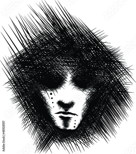 Scary face illustration on white background. Black lines hand drawn gothic character. Witcher design