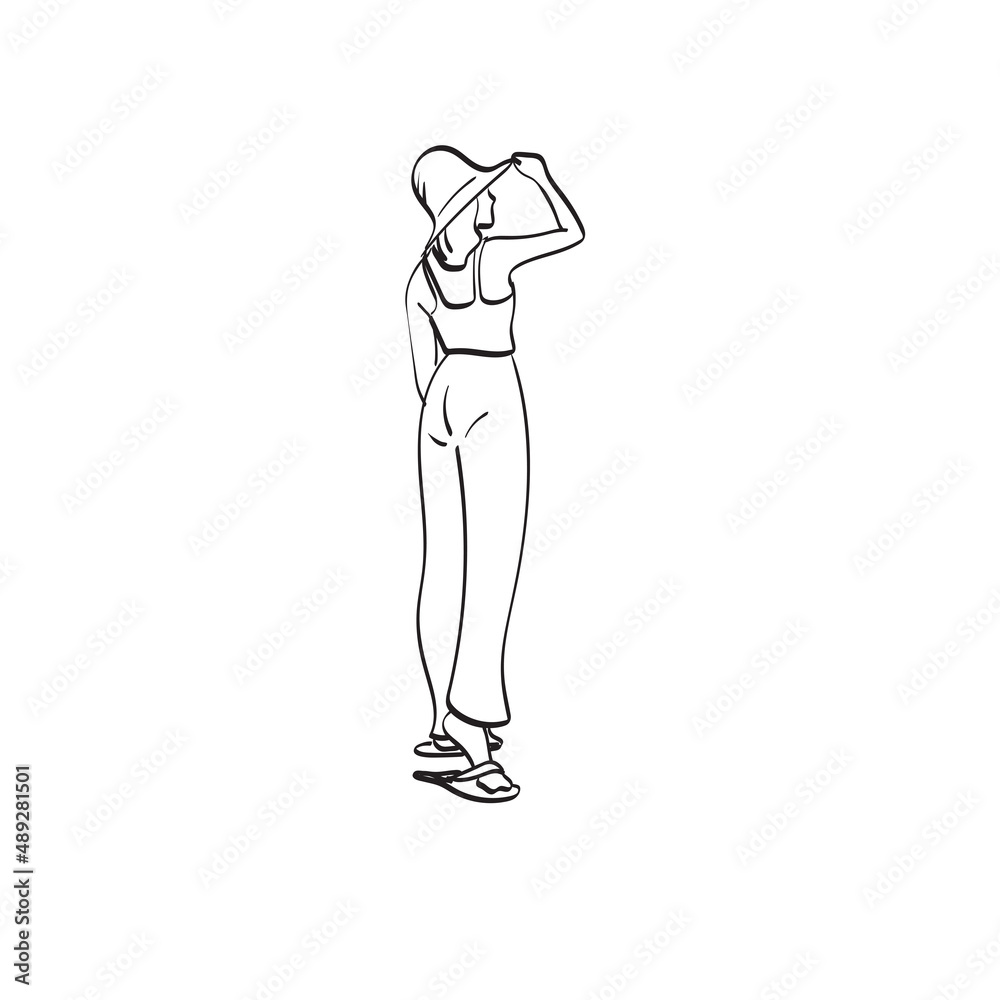 line art full length woman with big hat illustration vector hand drawn isolated on white background line art full length woman with big hat illustration vector hand drawn isolated on white background
