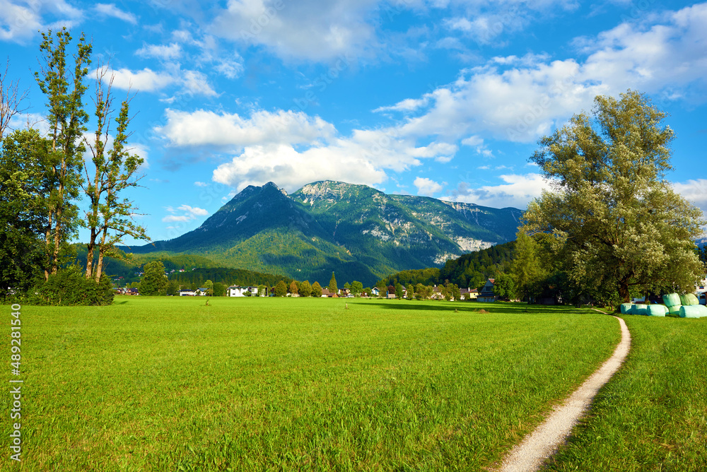 Beautiful Austrian Landscape with Field, Mountains and Pathway. Bad Goisern, Upper Austria. 