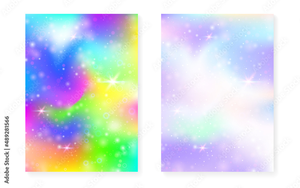 Princess background with kawaii rainbow gradient. Magic unicorn hologram.