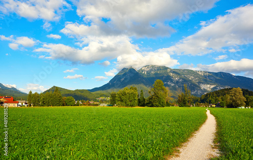 Beautiful Austrian Landscape with Field, Mountains and Pathway. Bad Goisern, Upper Austria.  photo