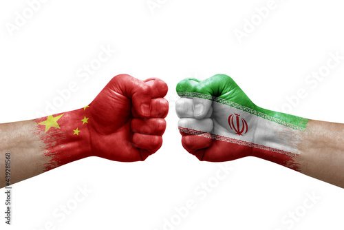 Canvas Print Two hands punch to each others on white background