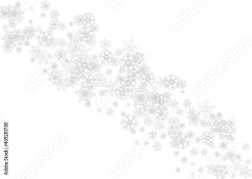 Snowflakes falling on white background. Horizontal Christmas and Happy New Year theme. Silver falling snowflakes for banner, gift card, party invitation, partner compliment and special business offers