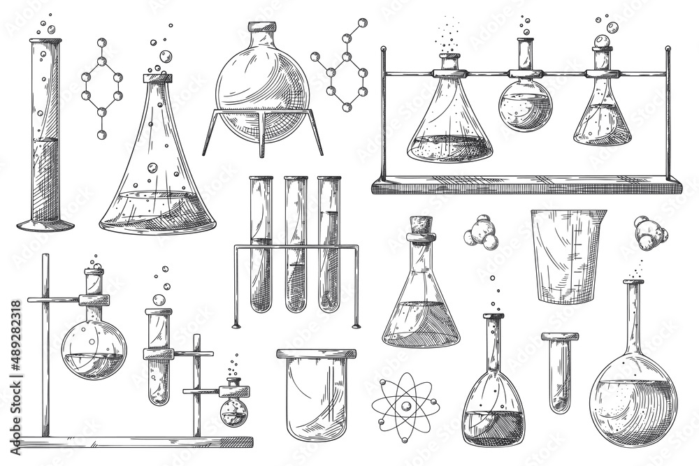 Set of different pharmaceutical flasks, beakers and test tubes. A