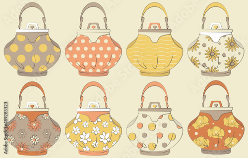 Colorful bags with prints in trendy style.