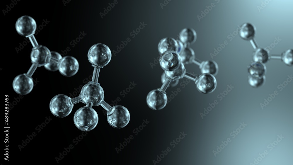 Molecular structure of crystal atom under black-blue background. Concept image of vaccine development, regenerative and advanced medicine. 3D illustration. 