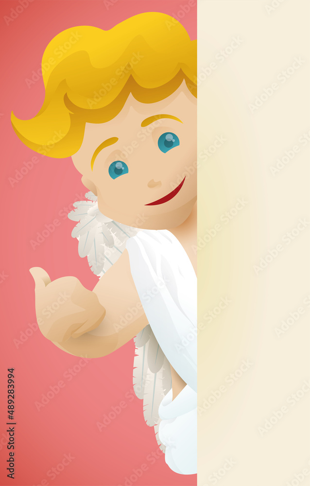 Happy blond Cupid with thumb up gesture behind wall, Vector illustration