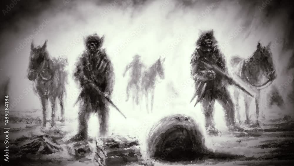 Gloomy warriors stopped by dead dog on road. 2D animation horror fantasy genre. Severe warriors with rifles. Grunge and noir styles. Cinematic background effect. Motion graphics for VJ music clips.