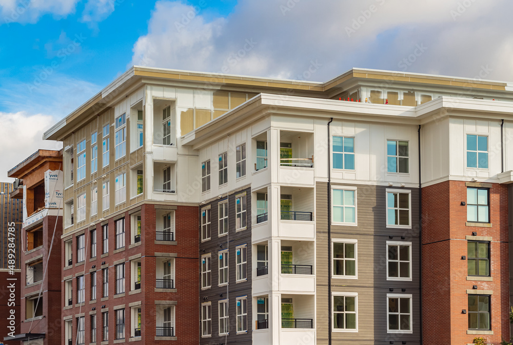 Fototapeta premium Brand new apartment building in BC, Canada. Architectural details of modern apartment building