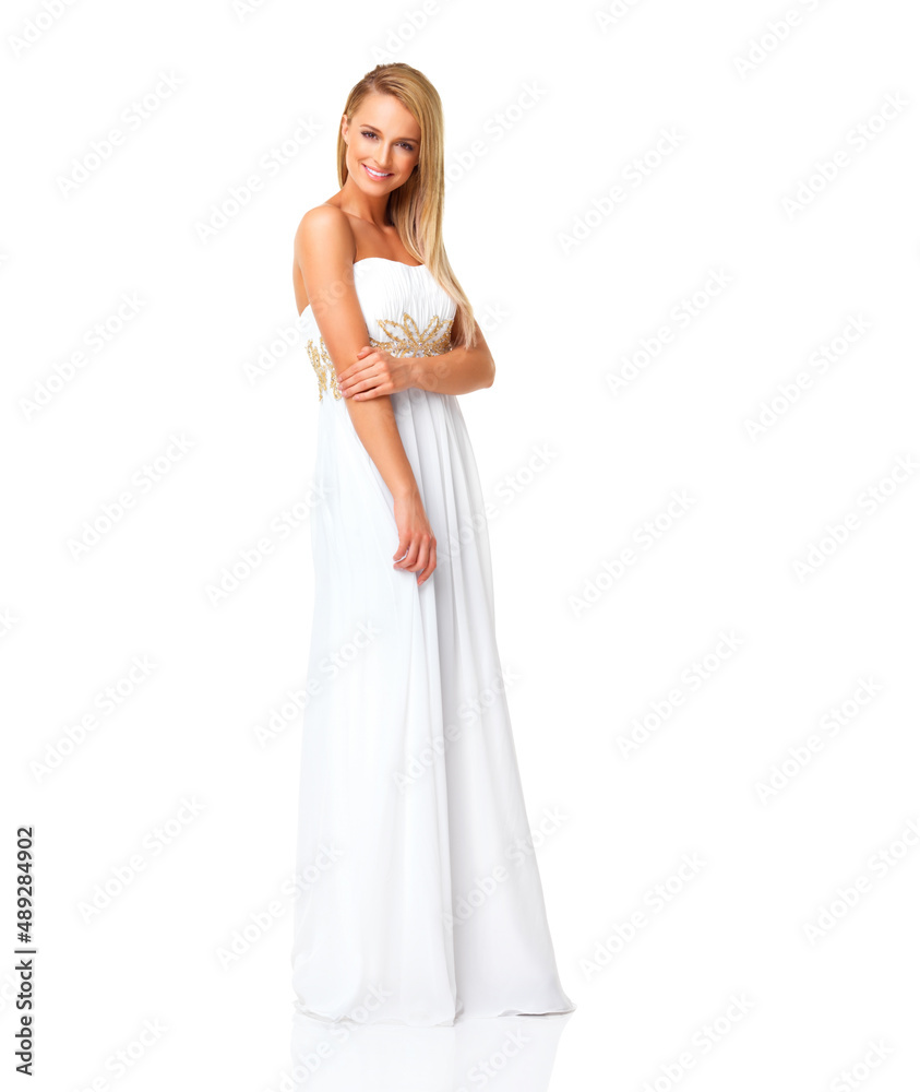 Lovely model in evening dress posing against white. Portrait of lovely model in evening dress posing against white background.