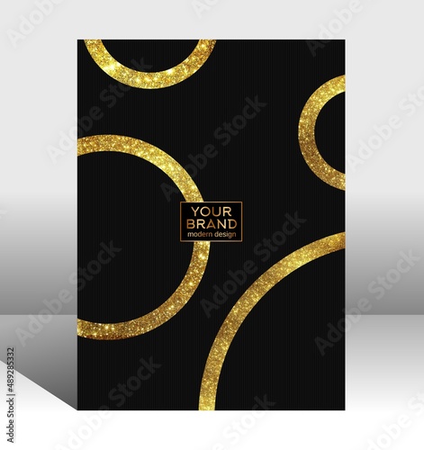 Modern cover designs are arranged with a round gold ring (gold circle pattern) on a black background. Luxury creative premium background. Formal simple vector templates for business brochures, certifi photo