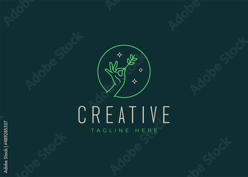 Feminine Hand Flower Logo Design Template. Beauty Hand Icon Line Art Vector