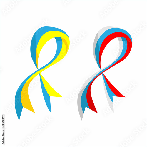 Vector illustration. Ukrainian and russian flag stripe ribbon on white background.