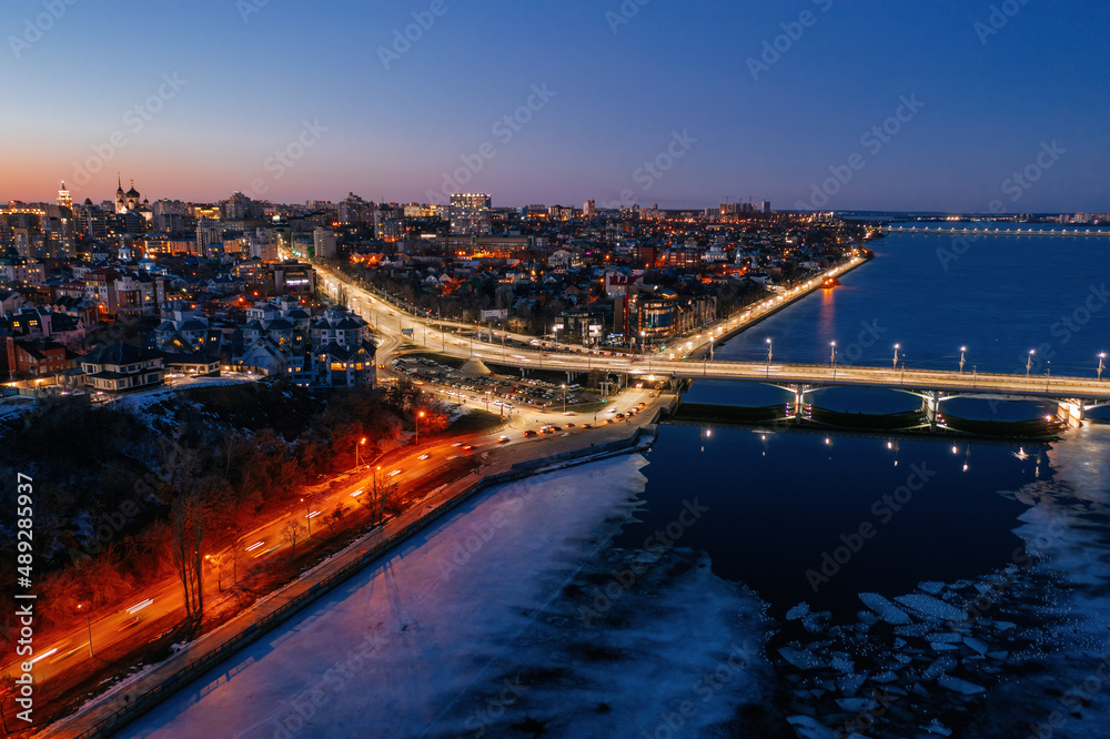 Night winter Voronezh. Massalitinov embankment and Chernavsky bridge, aerial view