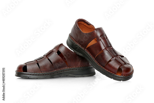 Male brown sandal on white background, isolated product, top view studio.