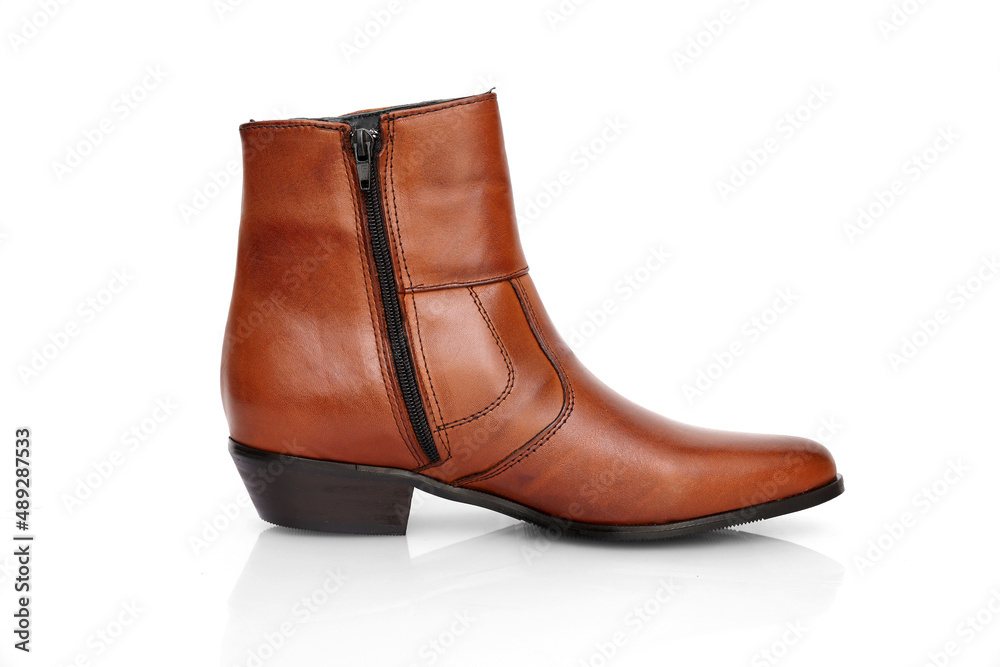 Male brown leather boot on white background, isolated product.