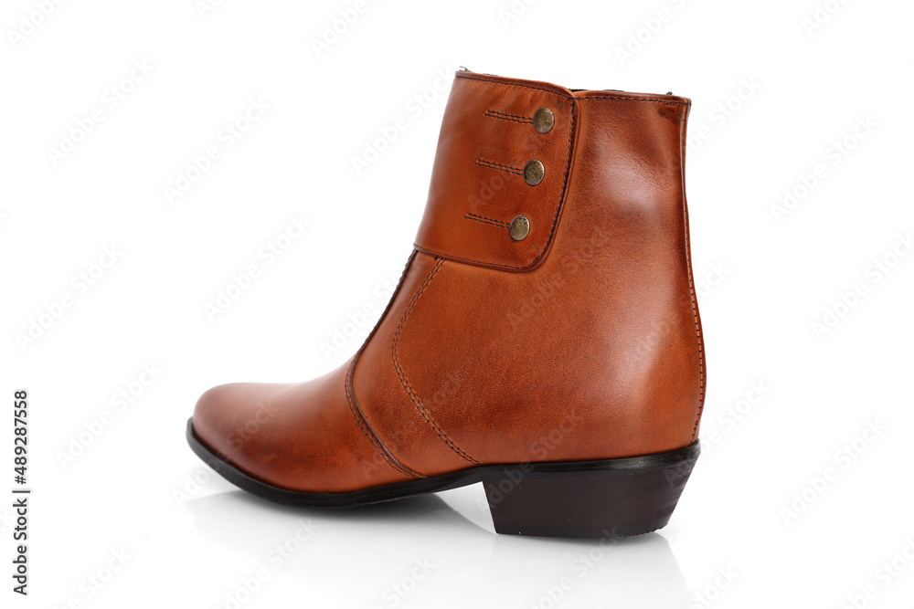 Male brown leather boots on white background, isolated product.