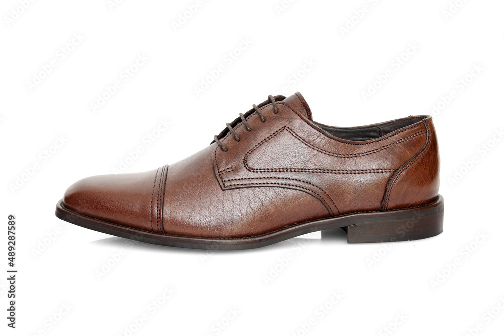 Male brown leather shoes on white background, isolated product.