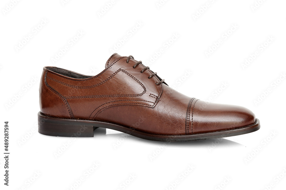 Male brown leather shoes on white background, isolated product.