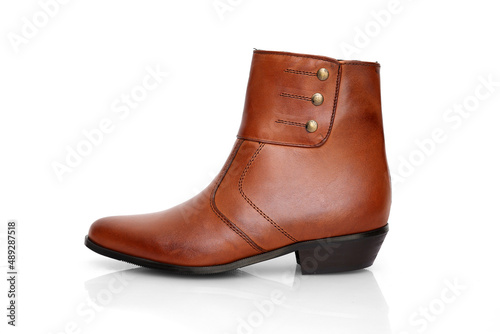 Male brown leather boots on white background, isolated product.