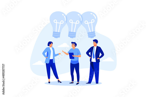 Sharing business ideas, collaboration meeting, sharing knowledge, teamwork or people thinking the same idea concept, smart thinking businessmen people office workers team up share lightbulb lamp idea.