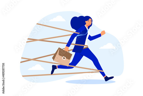 Gender barrier, woman career obstacle or inequality, limitation or discrimination, effort to overcome difficulty concept, strong businesswoman try with full effort to break red tape to growing in work photo