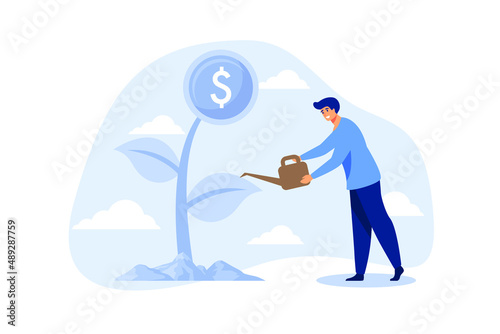 Financial or investment growth, increase earning profit and capital gain, success in wealth management concept, smart businessman investor finish watering growing money plant seedling with coin flower