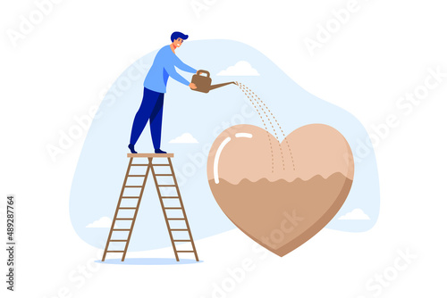 Work passion, motivation to success and win business competition, mindset or attitude to work in we love to do concept, businessman pouring water to fulfill heart shape metaphor of passion.