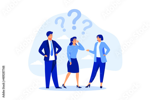  Confused business team finding answer or solution to solve problem, work question or doubt and suspicion in work process concept, businessman and woman team thinking with question mark symbol.