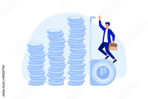 	
Investment measurement or benchmark, ROI, return on investment, wealth monitoring with financial goal or target concept, businessman investor using measuring tape to measure money coins stack height