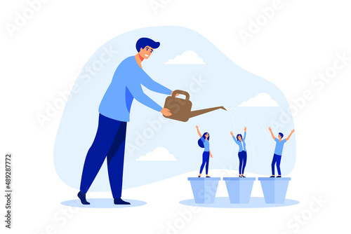 Talent development, career growth, training or coaching staff develop skill, employee improvement, HR human resources concept, businessman manager watering growth talented staff in grow seedling pot.