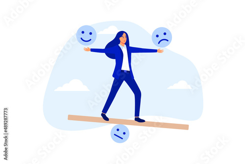 Emotional intelligence, balance emotion control feeling between work stressed or sadness and happy lifestyle concept, mindful calm woman using her hand to balance smile and sad face.