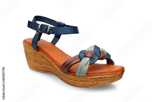 Female Colors leather sandal on white background, isolated product.