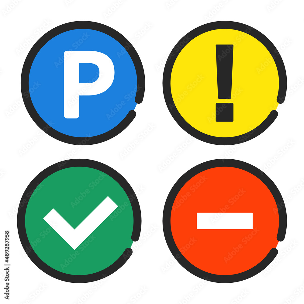 Parking signs and caution signs, check marks and stop signs. A set of editable vector icons. Parking signs and caution signs, check marks and stop signs. A set of editable vector icons.