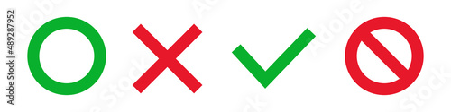 Icon set of circle, cross, check mark and stop mark. Vectors.